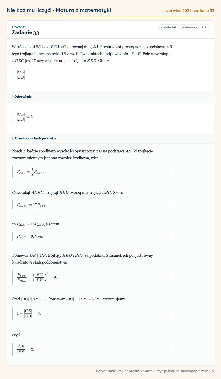 Rozwiązanie zadania 33 (matura z matematyki czerwiec 2021): W trójkącie ABC boki BC i AC są równej długości. Prosta k jest prostopadła do podstawy AB tego trójkąta i…