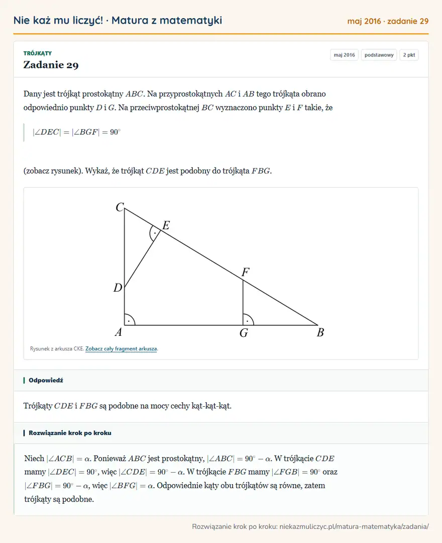 Rozwiązanie zadania 29 (matura z matematyki maj 2016): Dany jest trójkąt prostokątny ABC. Na przyprostokątnych AC i AB tego trójkąta obrano odpowiednio punkty D i…