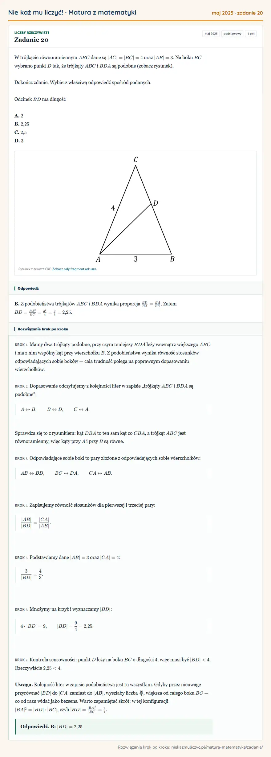 Rozwiązanie zadania 20 (matura z matematyki maj 2025): W trójkącie równoramiennym ABC dane są |AC|=|BC|=4 oraz |AB|=3. Na boku BC wybrano punkt D tak, że trójkąty…