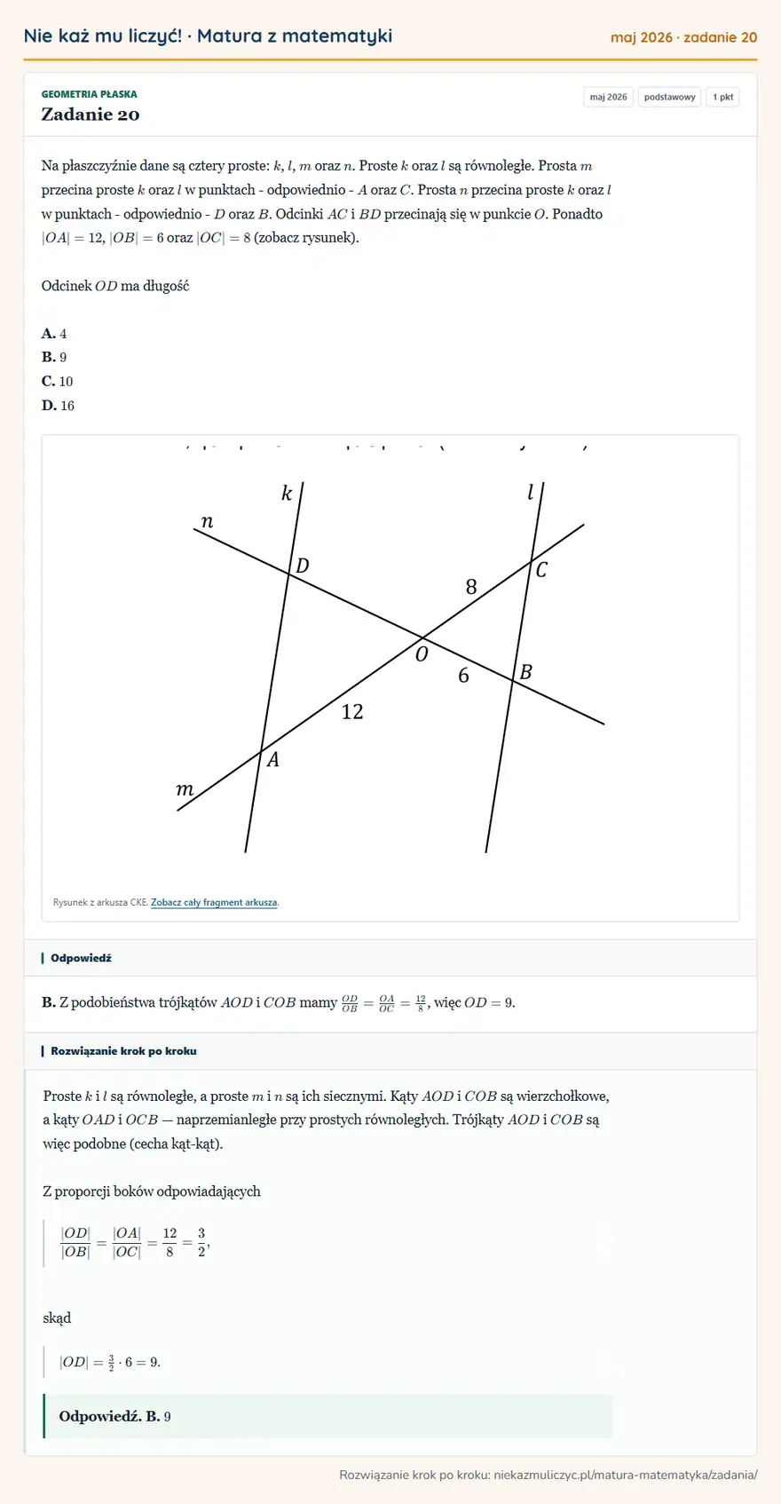 Rozwiązanie zadania 20 (matura z matematyki maj 2026): Na płaszczyźnie dane są cztery proste: k, l, m oraz n. Proste k oraz l są równoległe. Prosta m przecina…