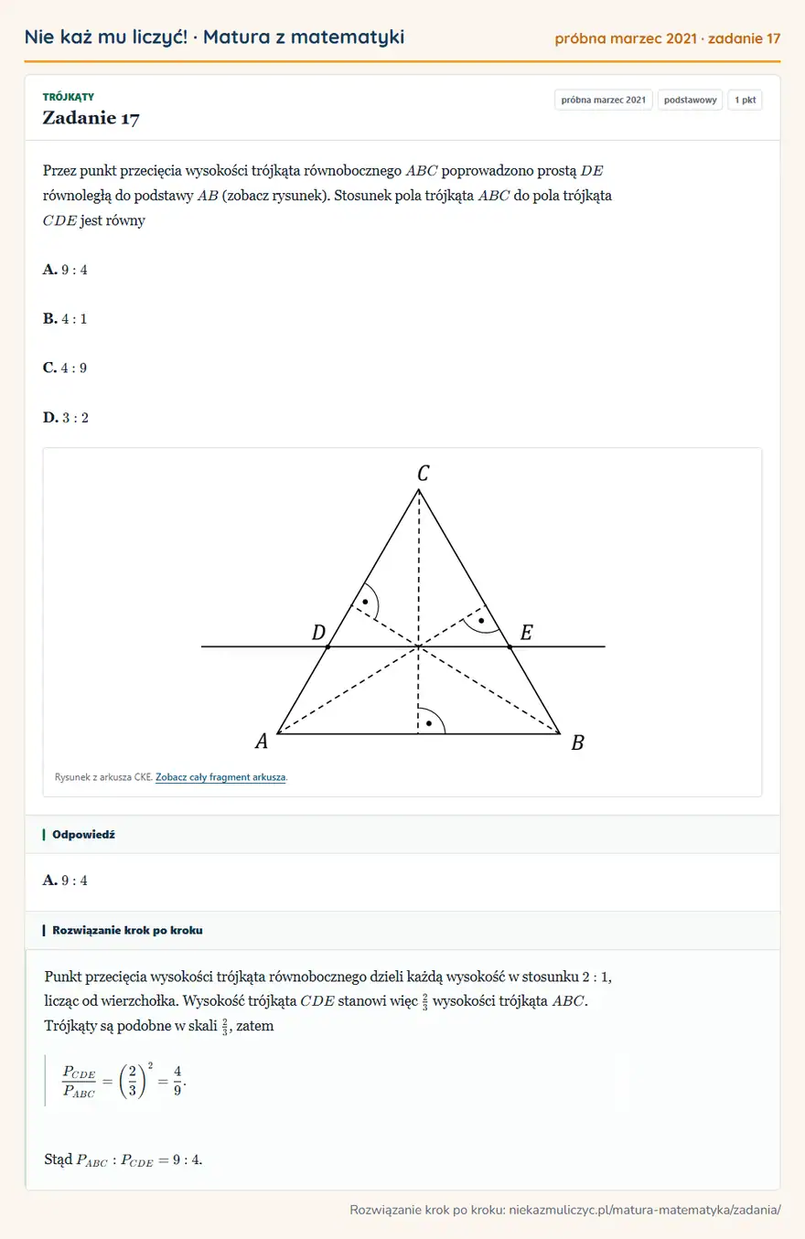 Rozwiązanie zadania 17 (matura z matematyki próbna marzec 2021): Przez punkt przecięcia wysokości trójkąta równobocznego ABC poprowadzono prostą DE równoległą do podstawy AB…