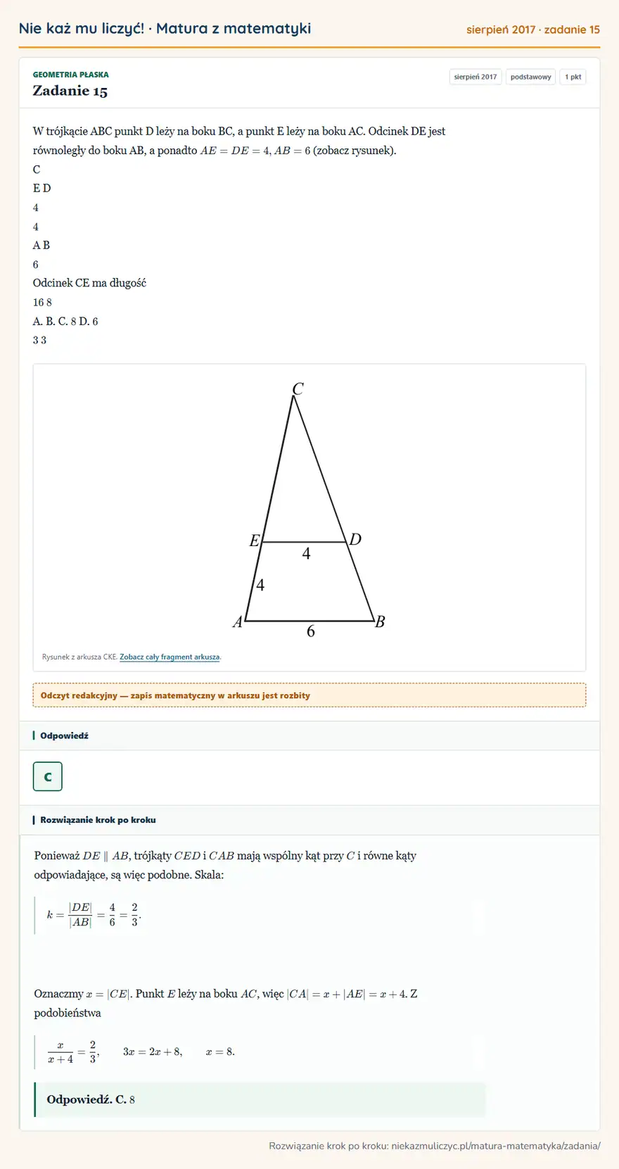 Rozwiązanie zadania 15 (matura z matematyki sierpień 2017): W trójkącie ABC punkt D leży na boku BC, a punkt E leży na boku AC. Odcinek DE jest równoległy do boku AB, a…