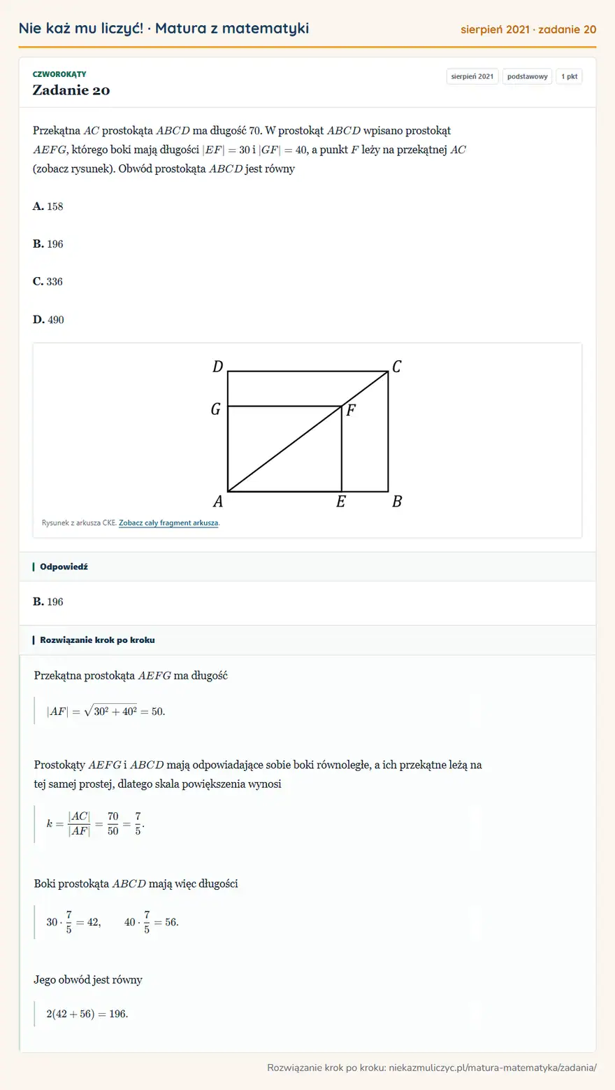 Rozwiązanie zadania 20 (matura z matematyki sierpień 2021): Przekątna AC prostokąta ABCD ma długość 70. W prostokąt ABCD wpisano prostokąt AEFG, którego boki mają…