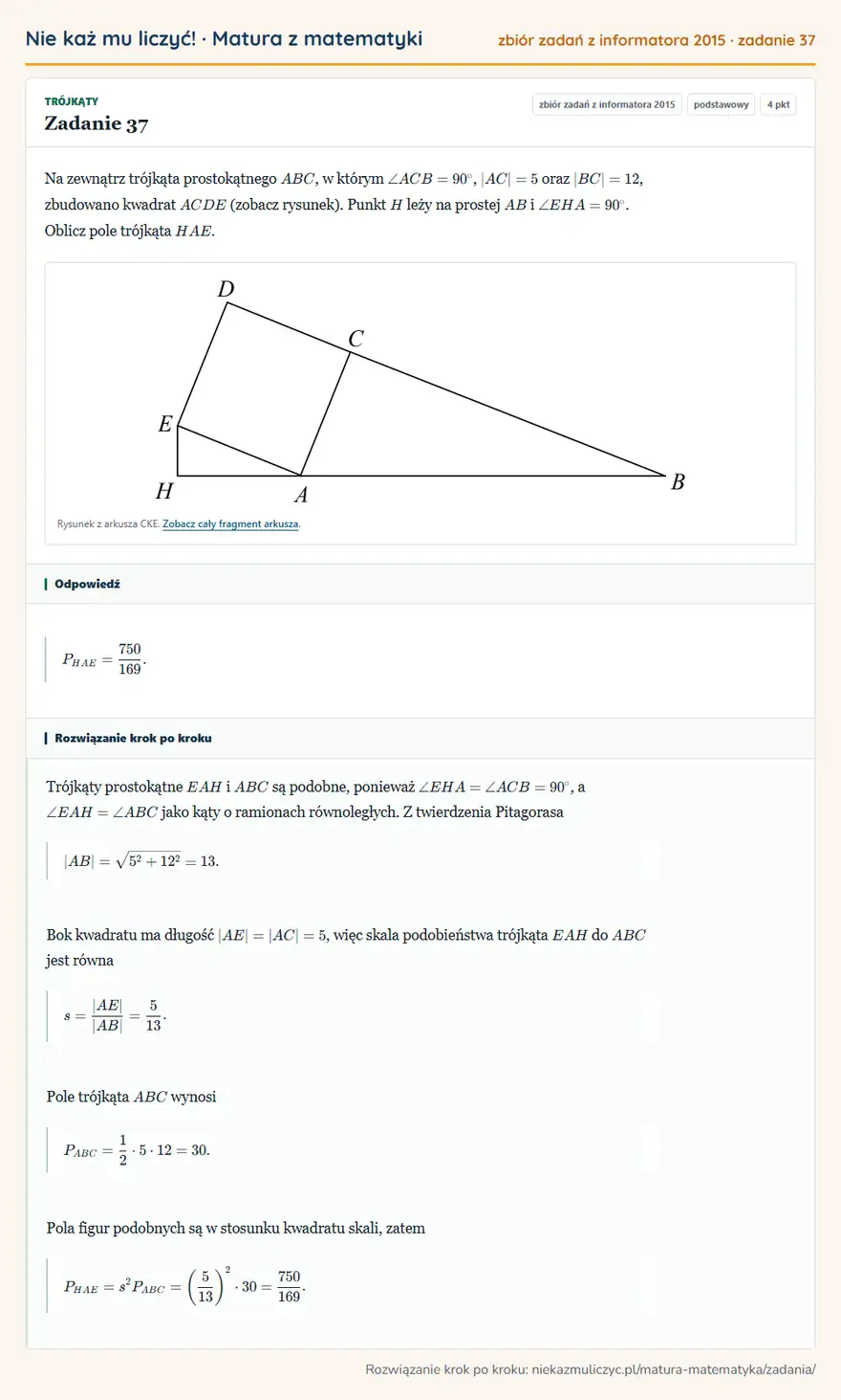 Rozwiązanie zadania 37 (zbiór zadań z informatora CKE 2015): Na zewnątrz trójkąta prostokątnego ABC, w którym ∠ ACB=90°, |AC|=5 oraz |BC|=12, zbudowano kwadrat ACDE…