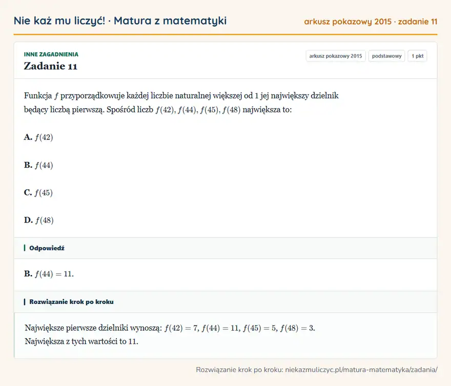 Rozwiązanie zadania 11 (matura z matematyki, arkusz pokazowy 2015): Funkcja f przyporządkowuje każdej liczbie naturalnej większej od 1 jej największy dzielnik będący liczbą…