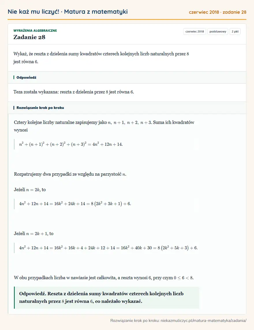 Rozwiązanie zadania 28 (matura z matematyki czerwiec 2018): Wykaż, że reszta z dzielenia sumy kwadratów czterech kolejnych liczb naturalnych przez 8 jest równa 6.