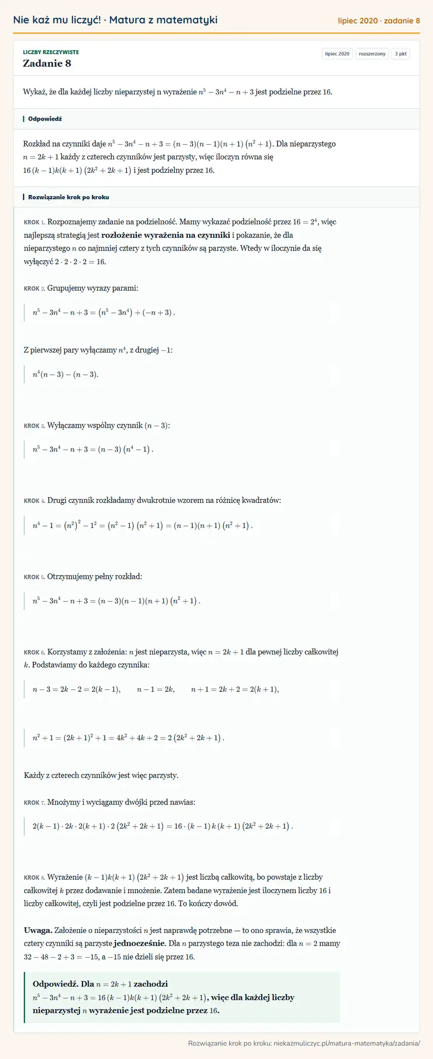Rozwiązanie zadania 8 (matura z matematyki lipiec 2020): Wykaż, że dla każdej liczby nieparzystej n wyrażenie n⁵-3n⁴-n+3 jest podzielne przez 16.
