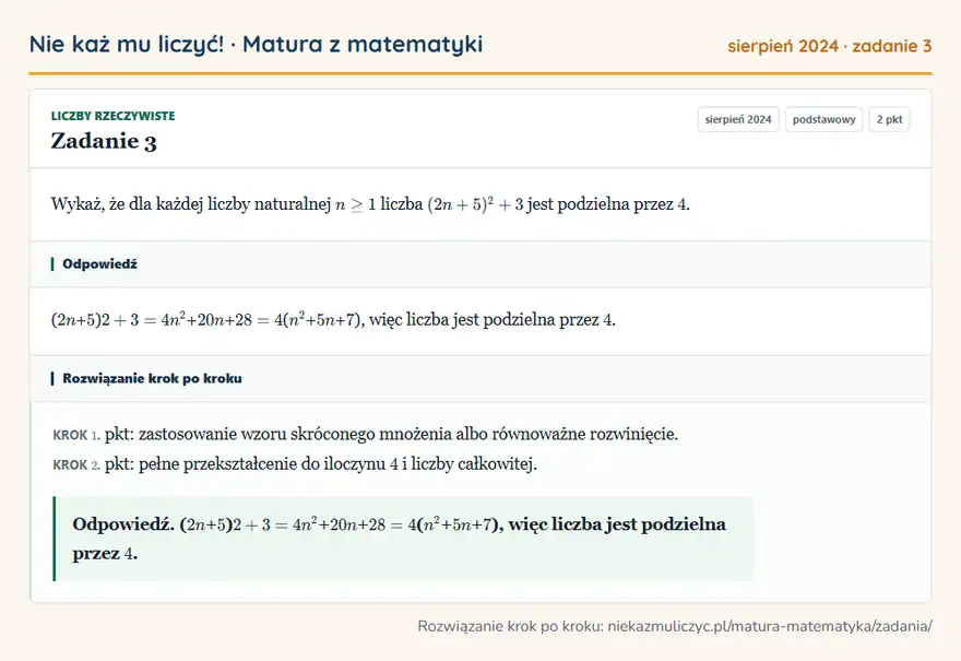 Rozwiązanie zadania 3, matura z matematyki sierpień 2024, poziom podstawowy: Wykaż, że dla każdej liczby naturalnej n ≥ 1 liczba (2n+5)²+3 jest podzielna przez 4.