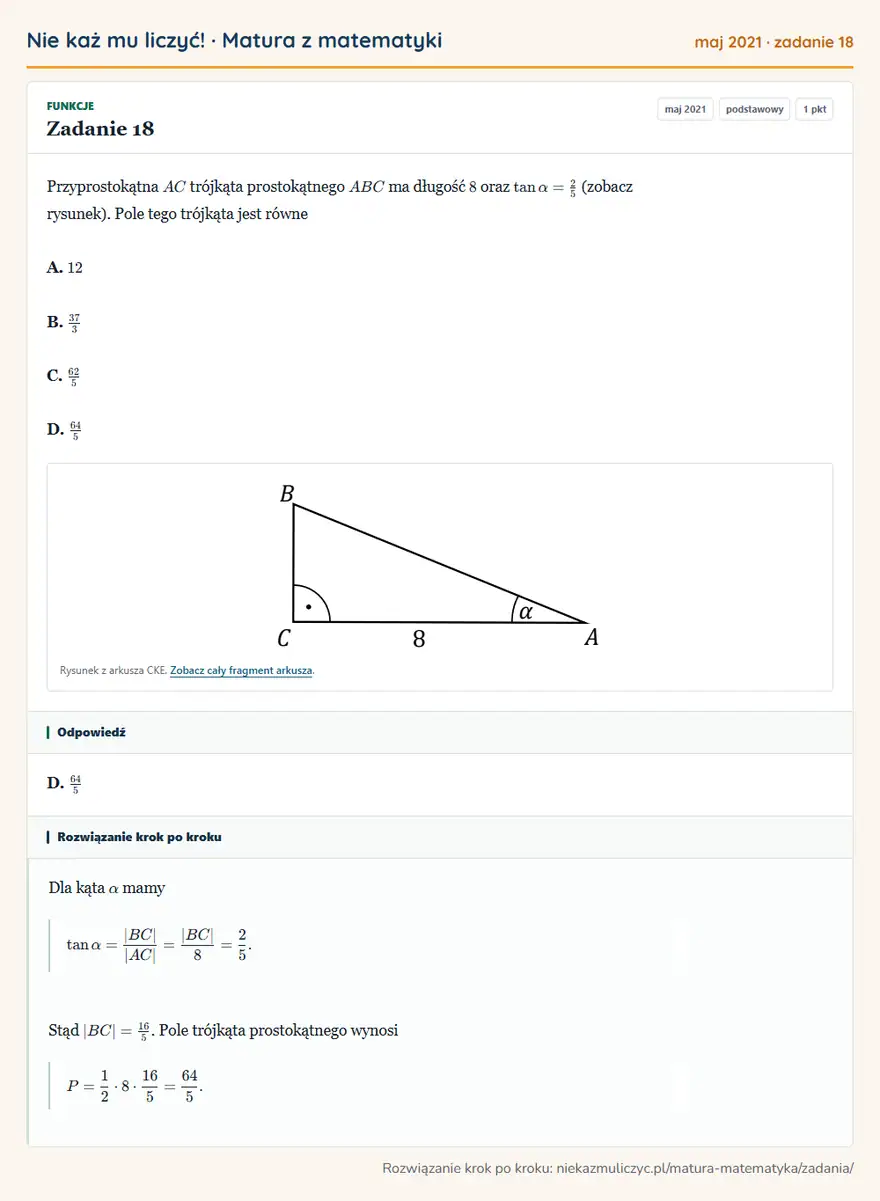 Rozwiązanie zadania 18 (matura z matematyki maj 2021): Przyprostokątna AC trójkąta prostokątnego ABC ma długość 8 oraz tanα=25 (zobacz rysunek). Pole tego trójkąta…