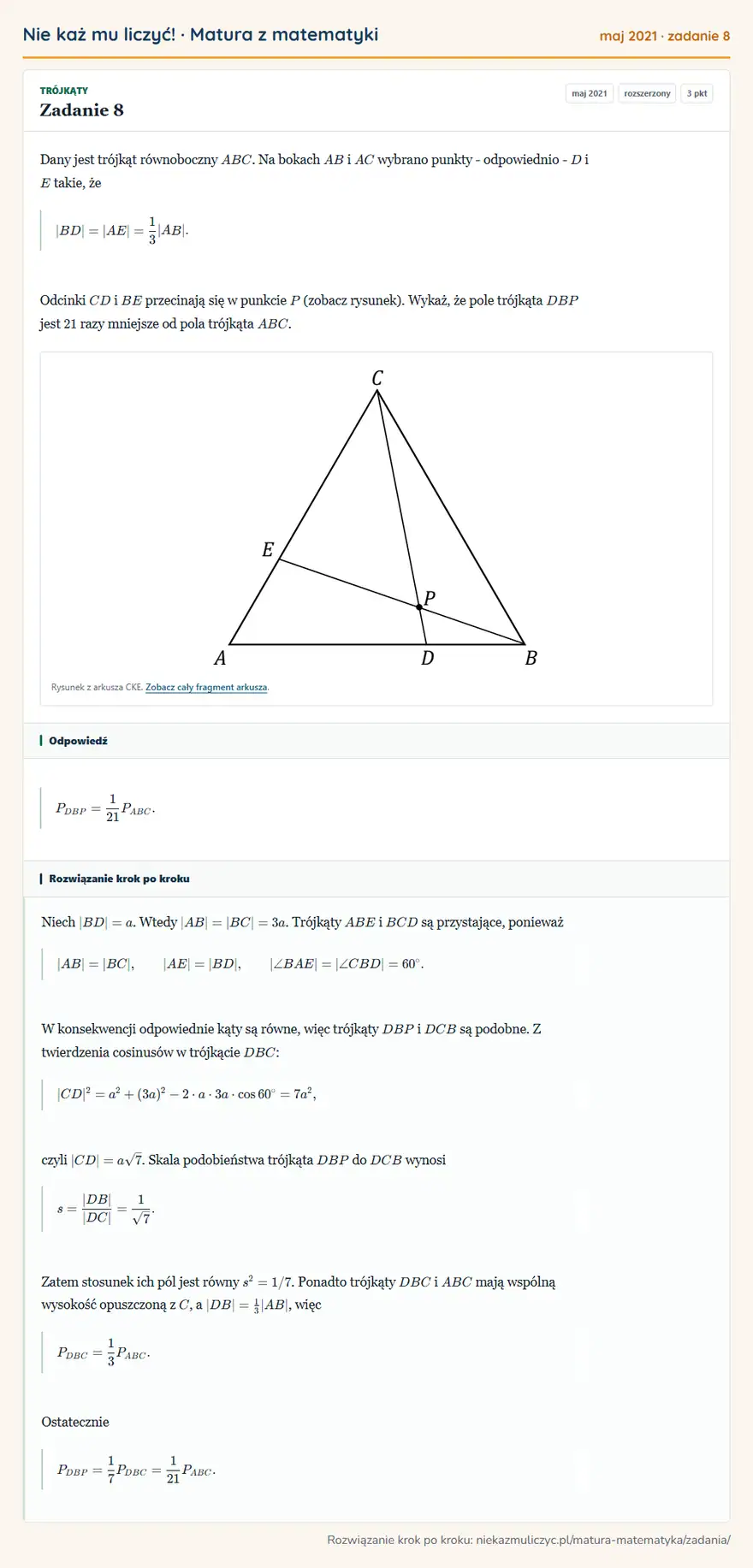 Rozwiązanie zadania 8 (matura z matematyki maj 2021): Dany jest trójkąt równoboczny ABC. Na bokach AB i AC wybrano punkty - odpowiednio - D i E takie, że…