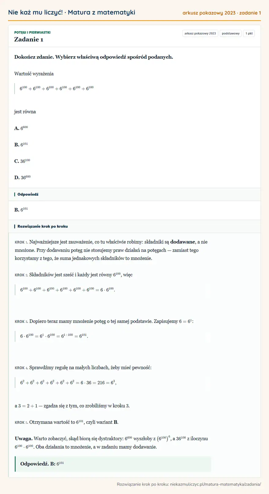 Rozwiązanie zadania 1 (matura z matematyki, arkusz pokazowy 2023): Dokończ zdanie. Wybierz właściwą odpowiedź spośród podanych. Wartość wyrażenia 6¹⁰⁰+6¹⁰⁰+6¹⁰⁰+6¹⁰⁰+6¹⁰⁰+6¹⁰⁰…