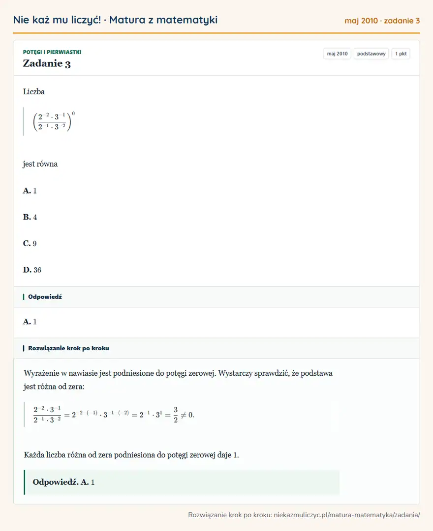 Rozwiązanie zadania 3 (matura z matematyki maj 2010): Liczba (2⁻²·3⁻¹²⁻¹·3⁻² )⁰ jest równa A. 1 B. 4 C. 9 D. 36