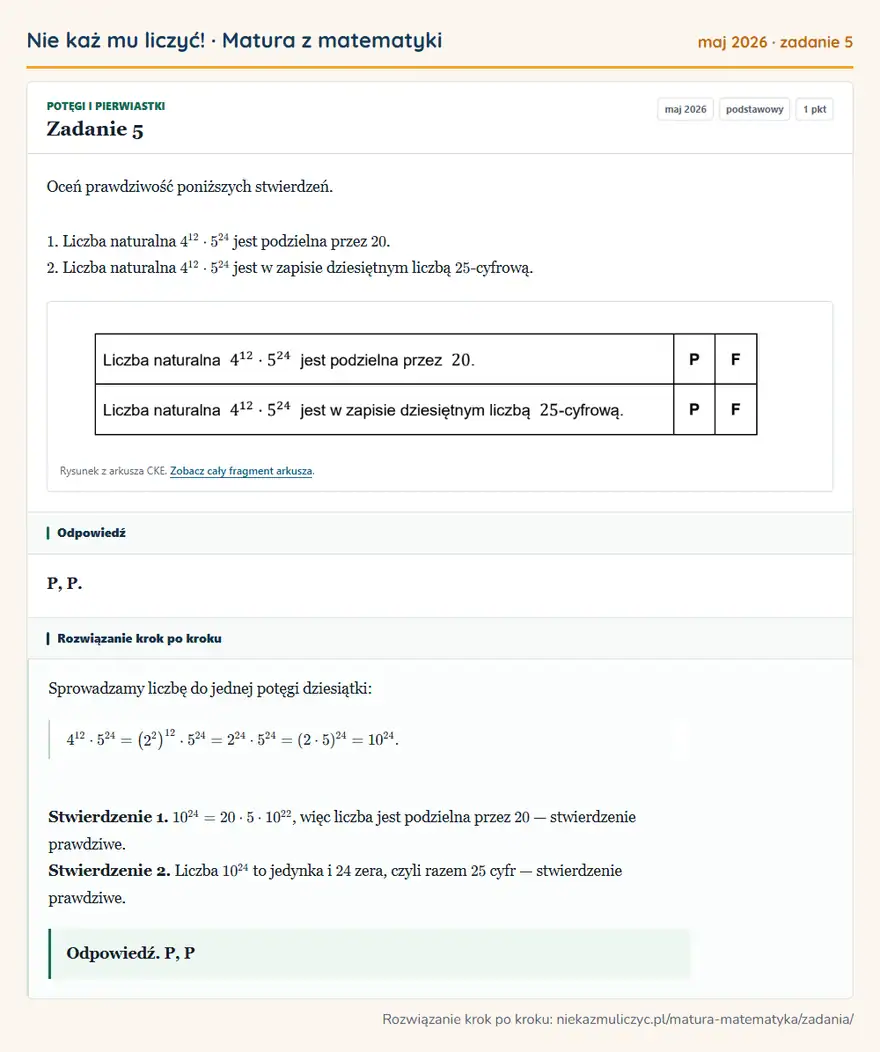 Rozwiązanie zadania 5 (matura z matematyki maj 2026): Oceń prawdziwość poniższych stwierdzeń. 1. Liczba naturalna 4¹²·5²4 jest podzielna przez 20. 2. Liczba…