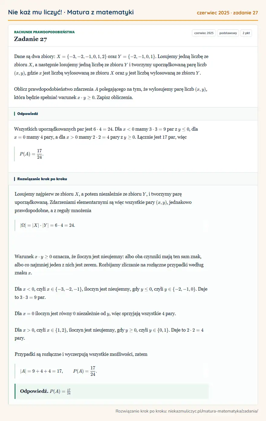 Rozwiązanie zadania 27 (matura z matematyki czerwiec 2025): Dane są dwa zbiory: X=\-3,-2,-1,0,1,2 oraz Y=\-2,-1,0,1. Losujemy jedną liczbę ze zbioru X, a następnie…
