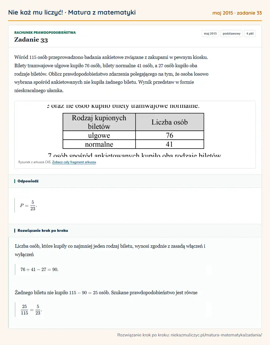 Rozwiązanie zadania 33 (matura z matematyki maj 2015): Wśród 115 osób przeprowadzono badania ankietowe związane z zakupami w pewnym kiosku. Bilety tramwajowe ulgowe…