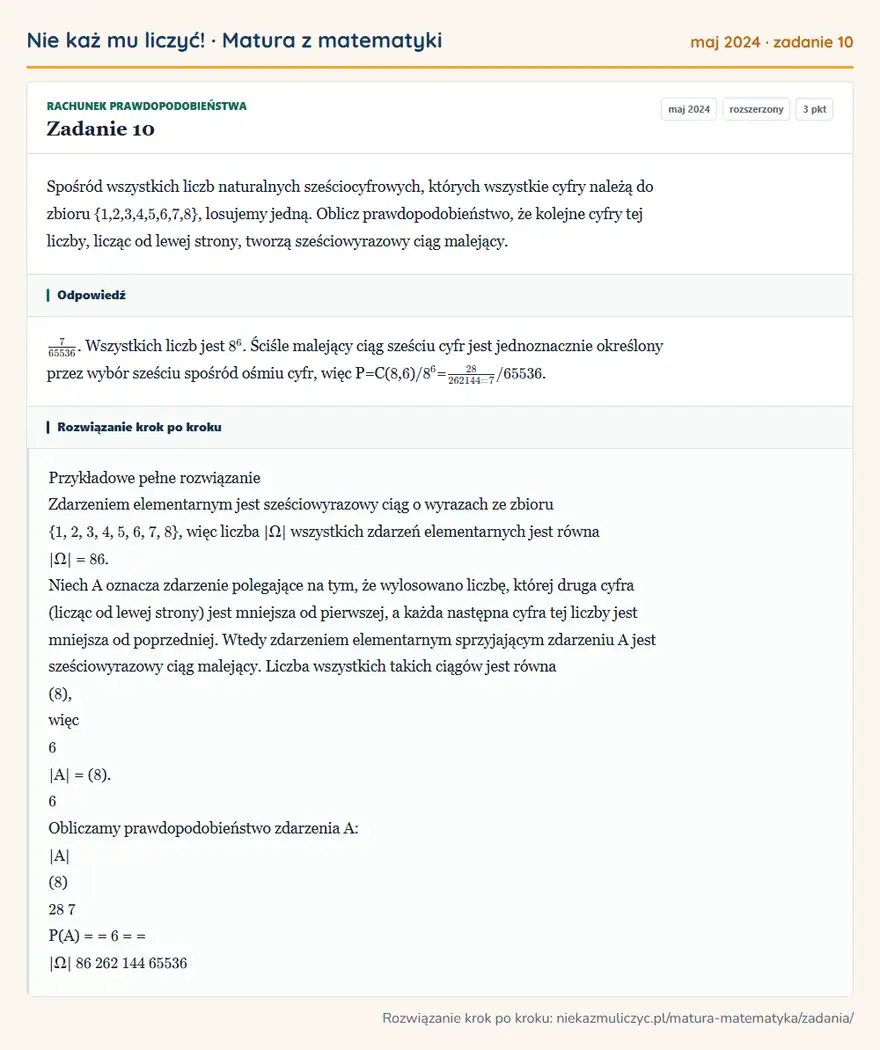 Rozwiązanie zadania 10 (matura z matematyki maj 2024): Spośród wszystkich liczb naturalnych sześciocyfrowych, których wszystkie cyfry należą do zbioru 1, 2, 3, 4…