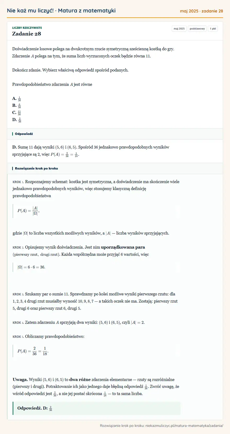 Rozwiązanie zadania 28 (matura z matematyki maj 2025): Doświadczenie losowe polega na dwukrotnym rzucie symetryczną sześcienną kostką do gry. Zdarzenie A polega na…