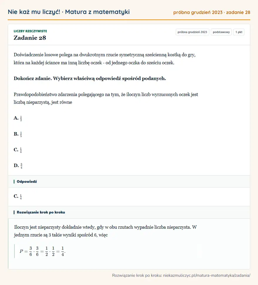 Rozwiązanie zadania 28 (matura z matematyki próbna grudzień 2023): Doświadczenie losowe polega na dwukrotnym rzucie symetryczną sześcienną kostką do gry, która na każdej…