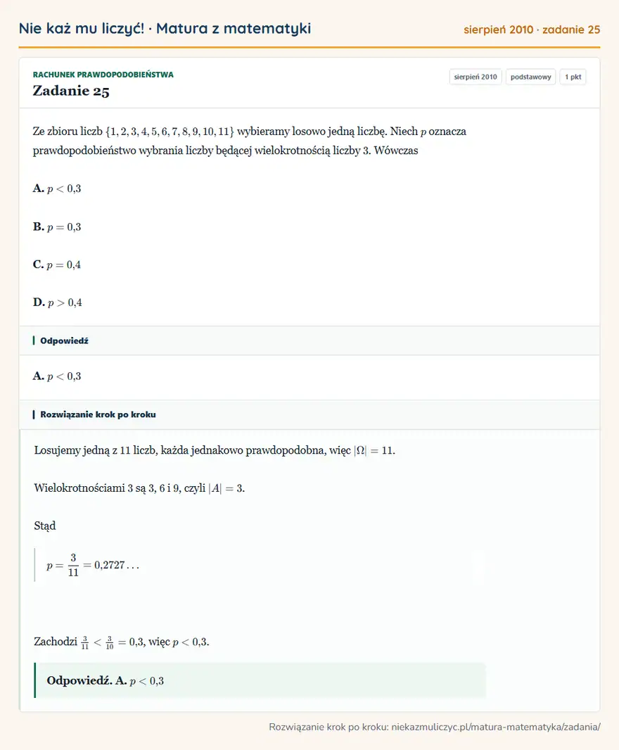 Rozwiązanie zadania 25, matura z matematyki sierpień 2010, poziom podstawowy: Ze zbioru liczb \1,2,3,4,5,6,7,8,9,10,11 wybieramy losowo jedną liczbę. Niech p oznacza prawdopodobieństwo… Odpowiedź: A. p<0,3