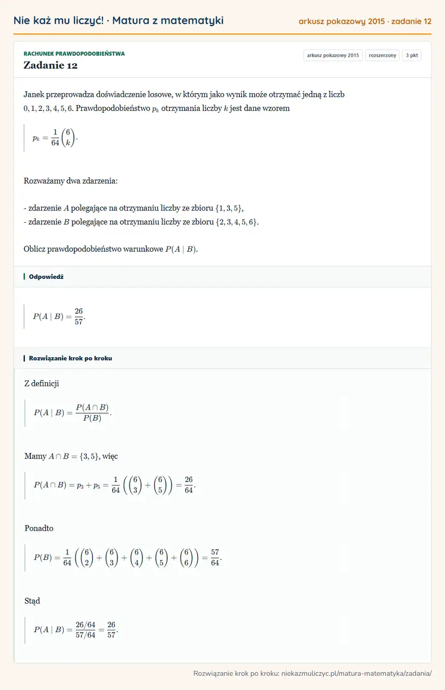 Rozwiązanie zadania 12 (matura z matematyki, arkusz pokazowy 2015): Janek przeprowadza doświadczenie losowe, w którym jako wynik może otrzymać jedną z liczb 0,1,2,3,4,5,6…