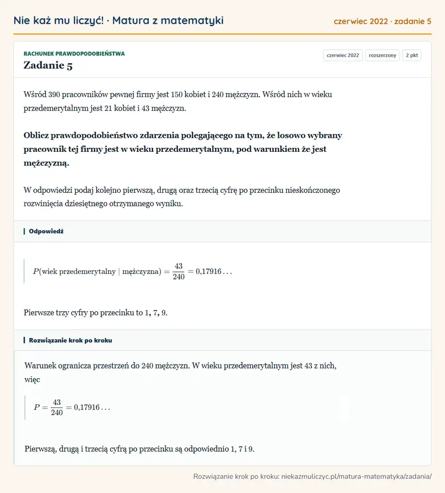 Rozwiązanie zadania 5 (matura z matematyki czerwiec 2022): Wśród 390 pracowników pewnej firmy jest 150 kobiet i 240 mężczyzn. Wśród nich w wieku przedemerytalnym jest…