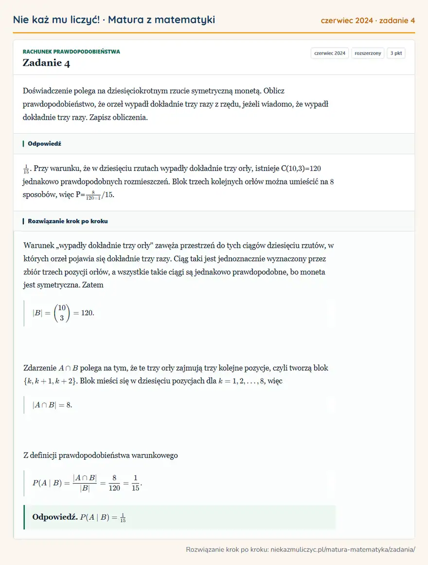 Rozwiązanie zadania 4 (matura z matematyki czerwiec 2024): Doświadczenie polega na dziesięciokrotnym rzucie symetryczną monetą. Oblicz prawdopodobieństwo, że orzeł…