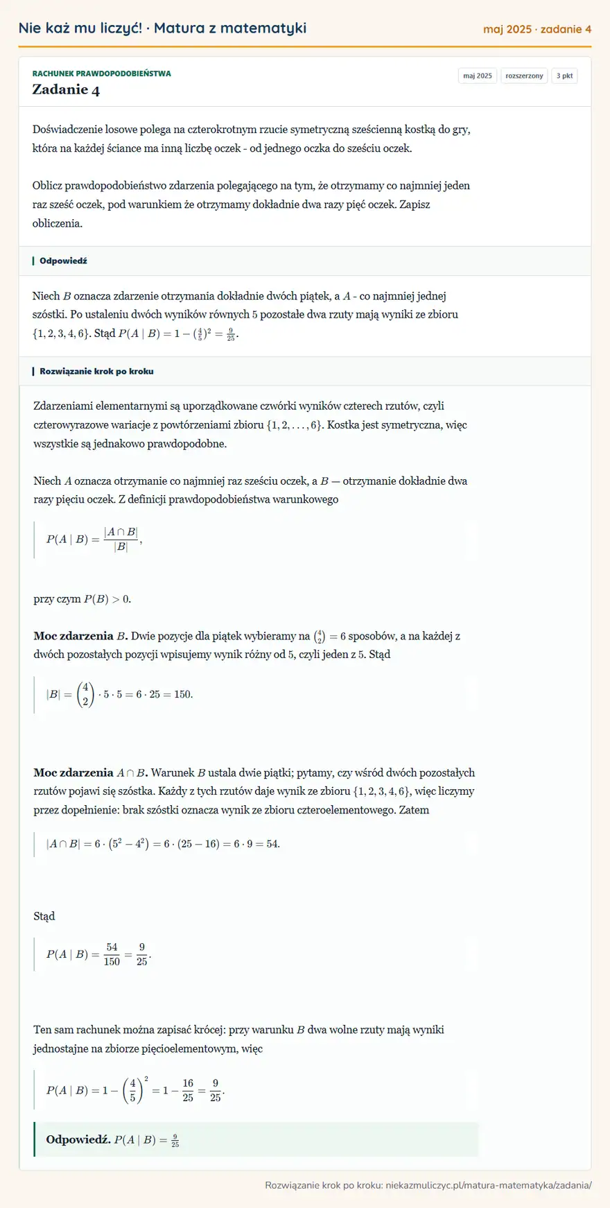 Rozwiązanie zadania 4 (matura z matematyki maj 2025): Doświadczenie losowe polega na czterokrotnym rzucie symetryczną sześcienną kostką do gry, która na każdej…