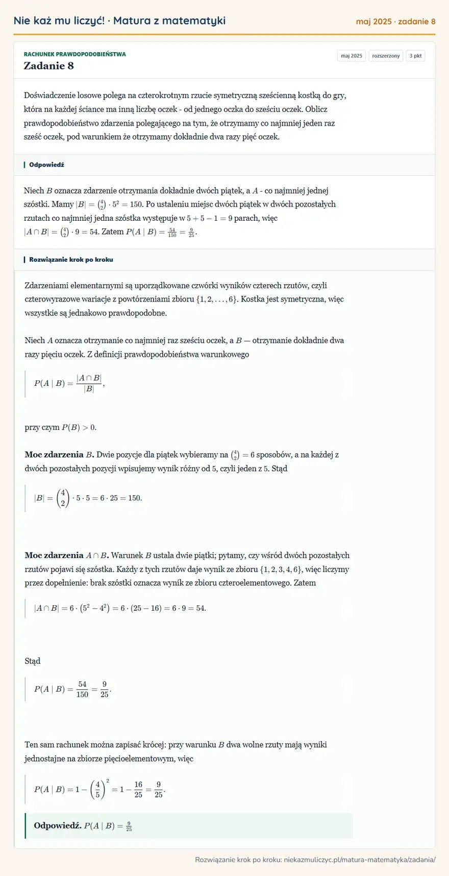 Rozwiązanie zadania 8 (matura z matematyki maj 2025): Doświadczenie losowe polega na czterokrotnym rzucie symetryczną sześcienną kostką do gry, która na każdej…