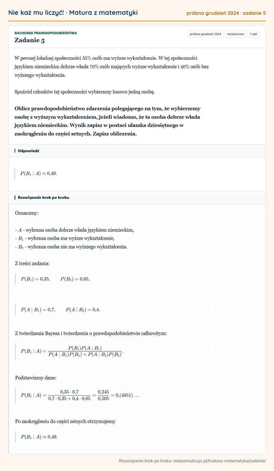 Rozwiązanie zadania 5 (matura z matematyki próbna grudzień 2024): W pewnej lokalnej społeczności 35\% osób ma wyższe wykształcenie. W tej społeczności językiem niemieckim…