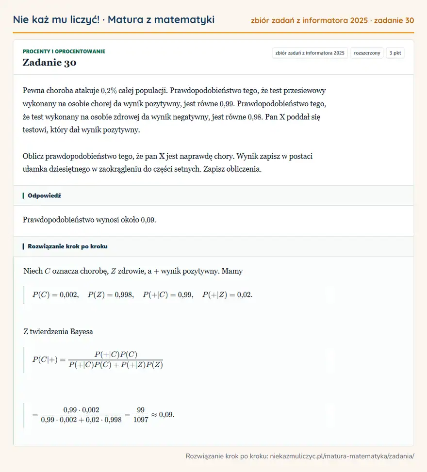 Rozwiązanie zadania 30 (zbiór zadań z informatora CKE 2025): Pewna choroba atakuje 0,2\% całej populacji. Prawdopodobieństwo tego, że test przesiewowy wykonany na osobie…