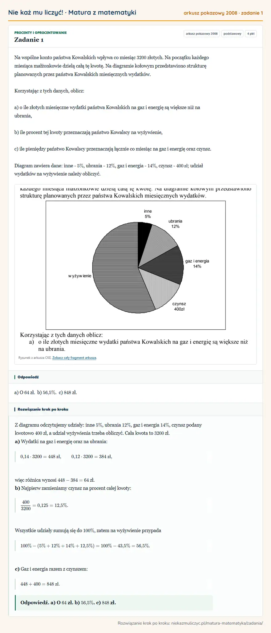 Rozwiązanie zadania 1 (matura z matematyki, arkusz pokazowy 2008): Na wspólne konto państwa Kowalskich wpływa co miesiąc 3200 złotych. Na początku każdego miesiąca małżonkowie…