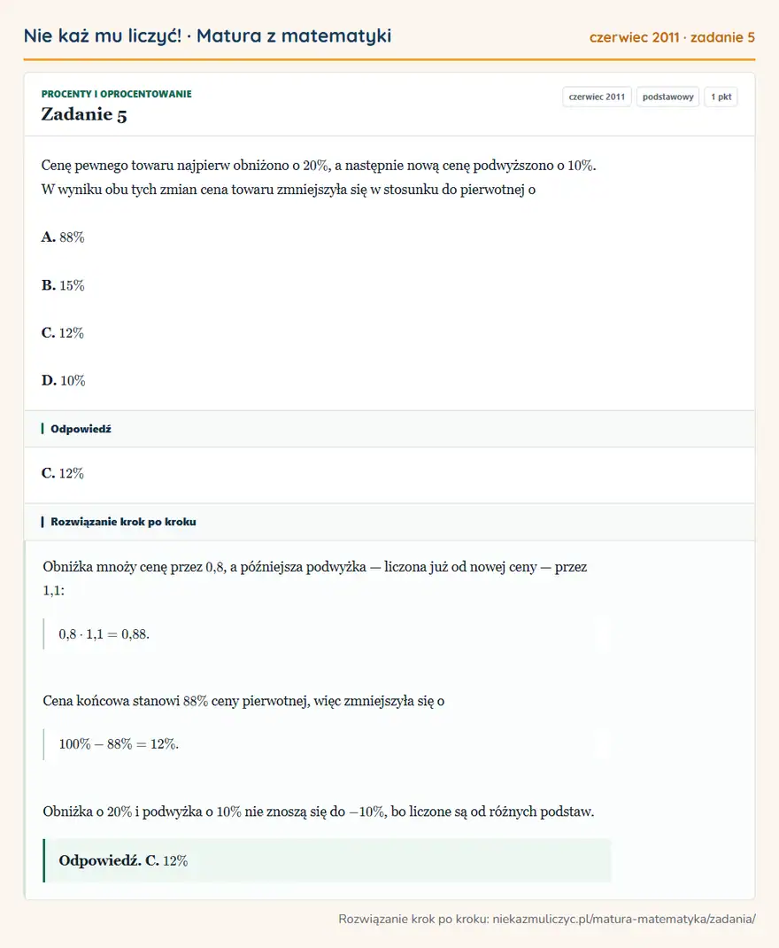 Rozwiązanie zadania 5, matura z matematyki czerwiec 2011, poziom podstawowy: Cenę pewnego towaru najpierw obniżono o 20\%, a następnie nową cenę podwyższono o 10\%. W wyniku obu tych… Odpowiedź: C. 12\%