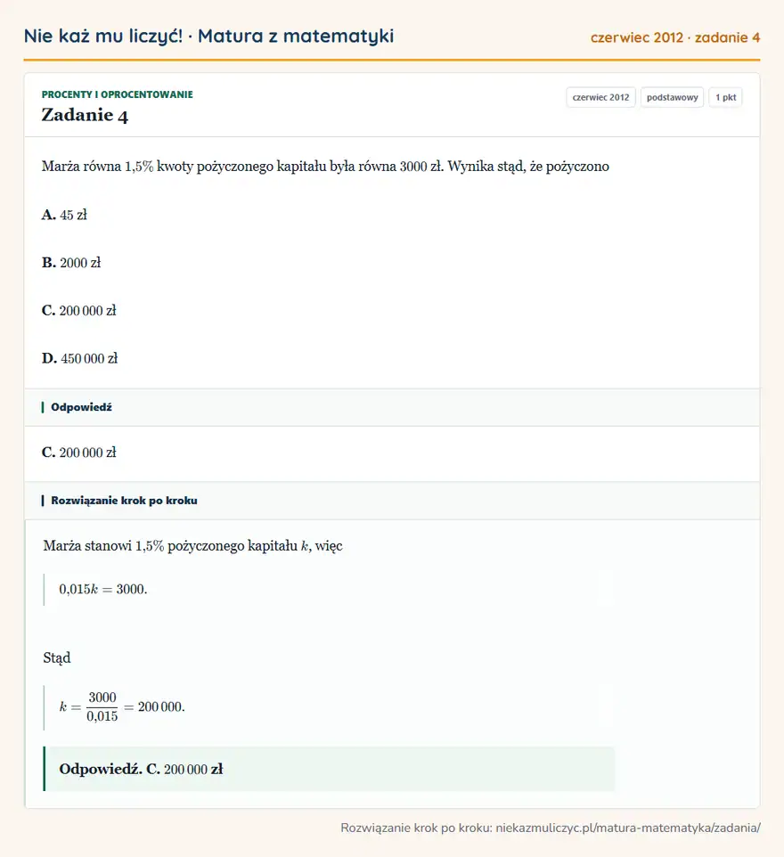 Rozwiązanie zadania 4 (matura z matematyki czerwiec 2012): Marża równa 1,5\% kwoty pożyczonego kapitału była równa 3000 zł. Wynika stąd, że pożyczono A. 45 zł B. 2000…