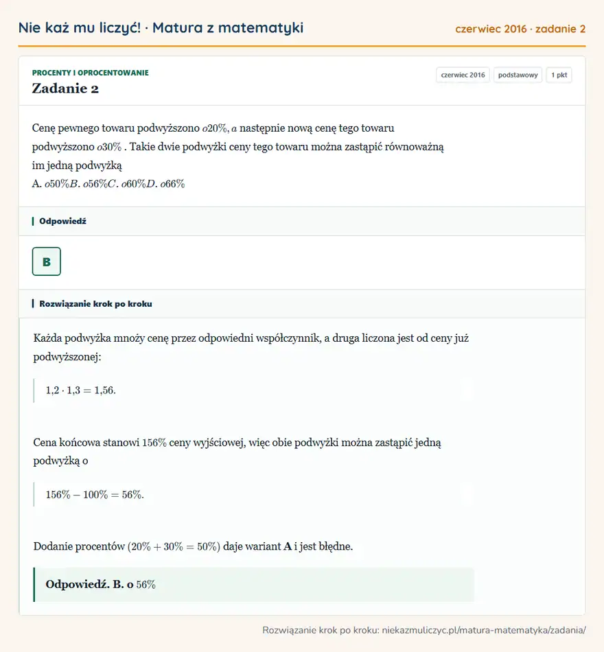 Rozwiązanie zadania 2 (matura z matematyki czerwiec 2016): Cenę pewnego towaru podwyższono o 20\%, a następnie nową cenę tego towaru podwyższono o 30\%. Takie dwie…