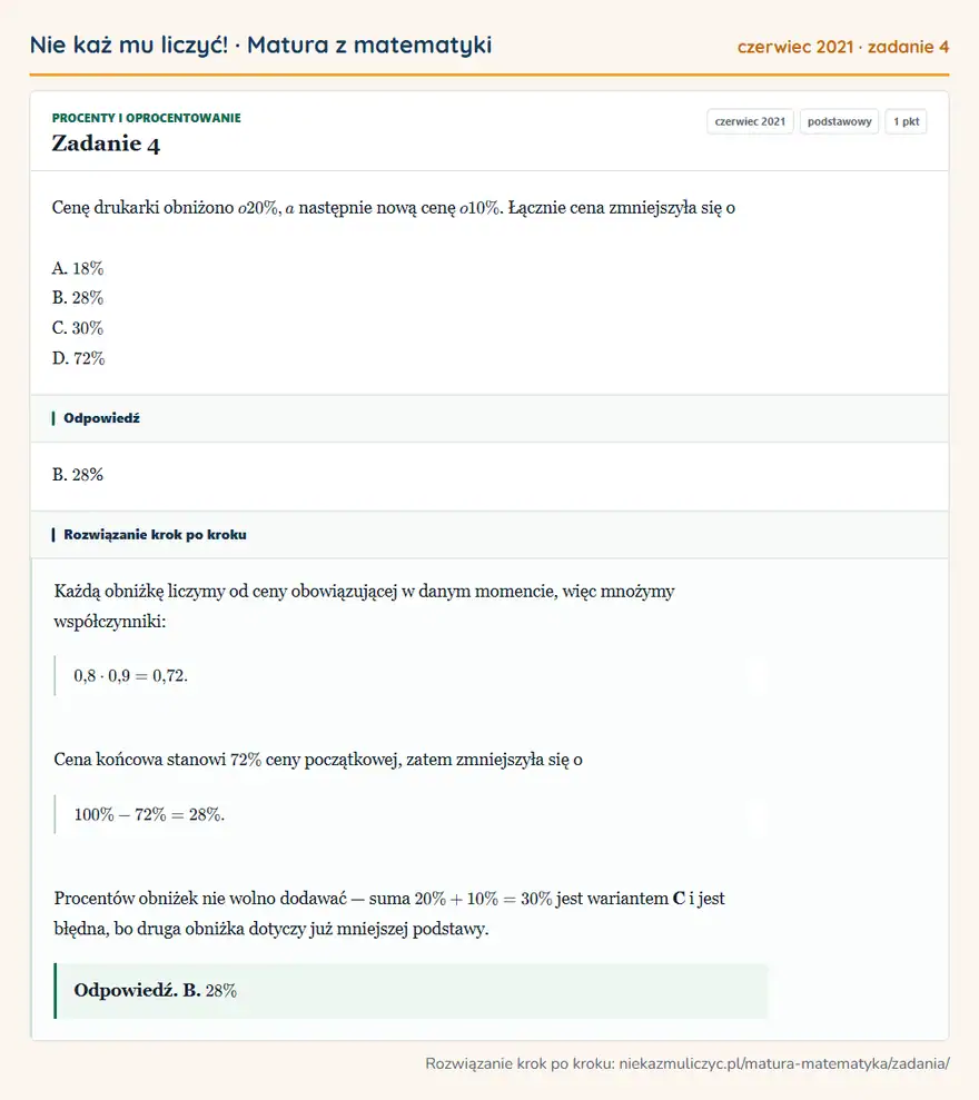 Rozwiązanie zadania 4 (matura z matematyki czerwiec 2021): Cenę drukarki obniżono o 20\%, a następnie nową cenę o 10\%. Łącznie cena zmniejszyła się o A. 18\% B. 28\%…