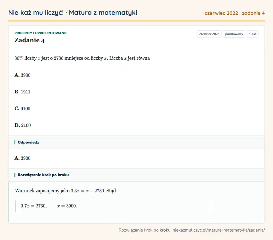 Rozwiązanie zadania 4 (matura z matematyki czerwiec 2022): 30\% liczby x jest o 2730 mniejsze od liczby x. Liczba x jest równa A. 3900 B. 1911 C. 9100 D. 2100