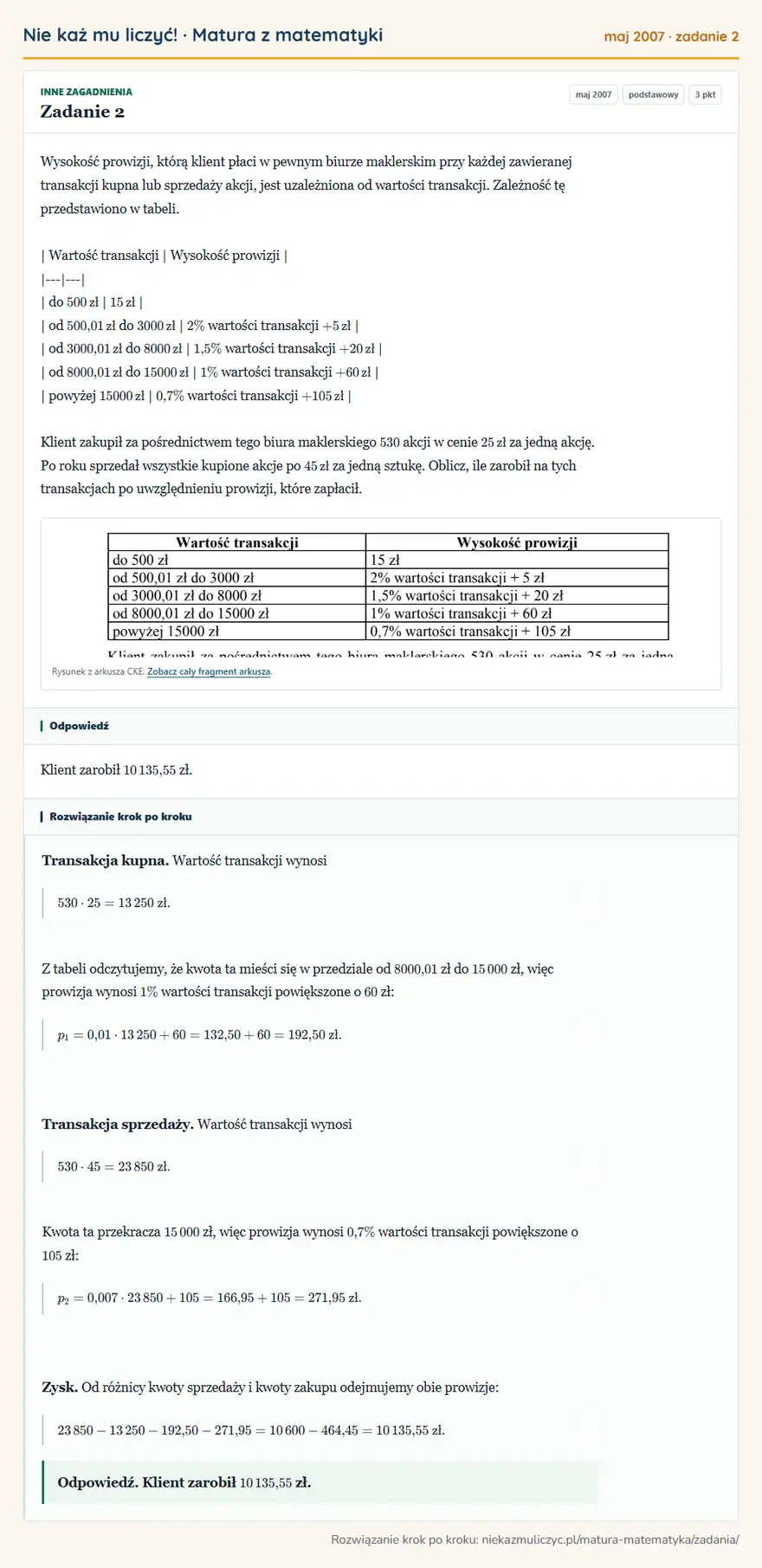 Rozwiązanie zadania 2 (matura z matematyki maj 2007): Wysokość prowizji, którą klient płaci w pewnym biurze maklerskim przy każdej zawieranej transakcji kupna lub…