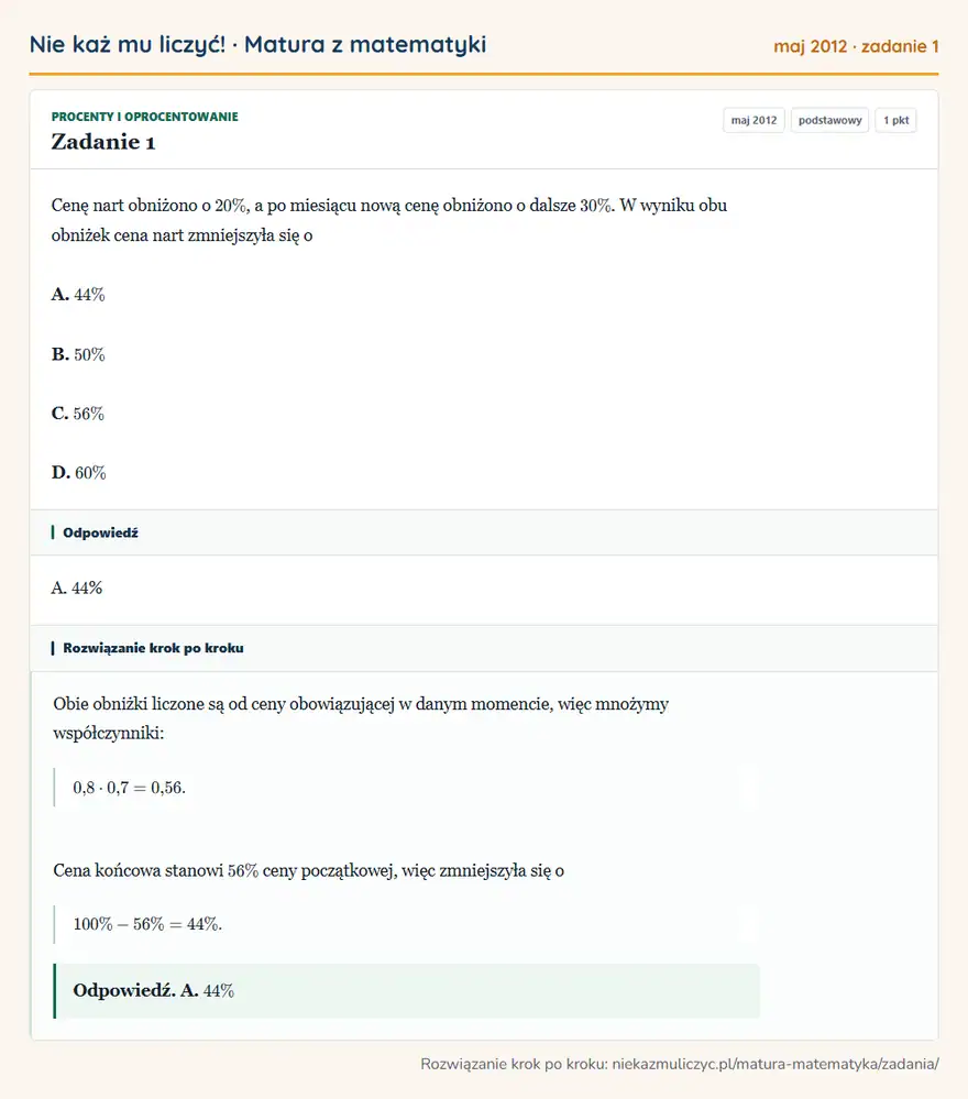 Rozwiązanie zadania 1 (matura z matematyki maj 2012): Cenę nart obniżono o 20\%, a po miesiącu nową cenę obniżono o dalsze 30\%. W wyniku obu obniżek cena nart…