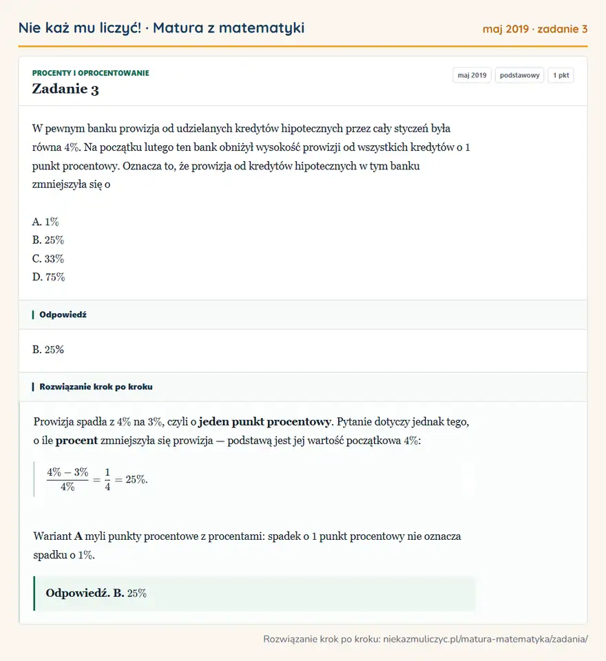 Rozwiązanie zadania 3 (matura z matematyki maj 2019): W pewnym banku prowizja od udzielanych kredytów hipotecznych przez cały styczeń była równa 4\%. Na początku…