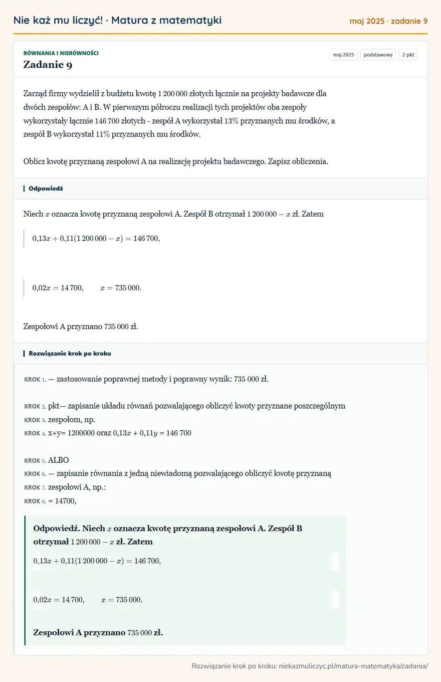 Rozwiązanie zadania 9, matura z matematyki maj 2025, poziom podstawowy: Zarząd firmy wydzielił z budżetu kwotę 1 200 000 złotych łącznie na projekty badawcze dla dwóch zespołów: A i…