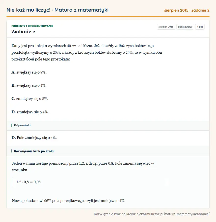Rozwiązanie zadania 2 (matura z matematyki sierpień 2015): Dany jest prostokąt o wymiarach 40 cm×100 cm. Jeżeli każdy z dłuższych boków tego prostokąta wydłużymy o…