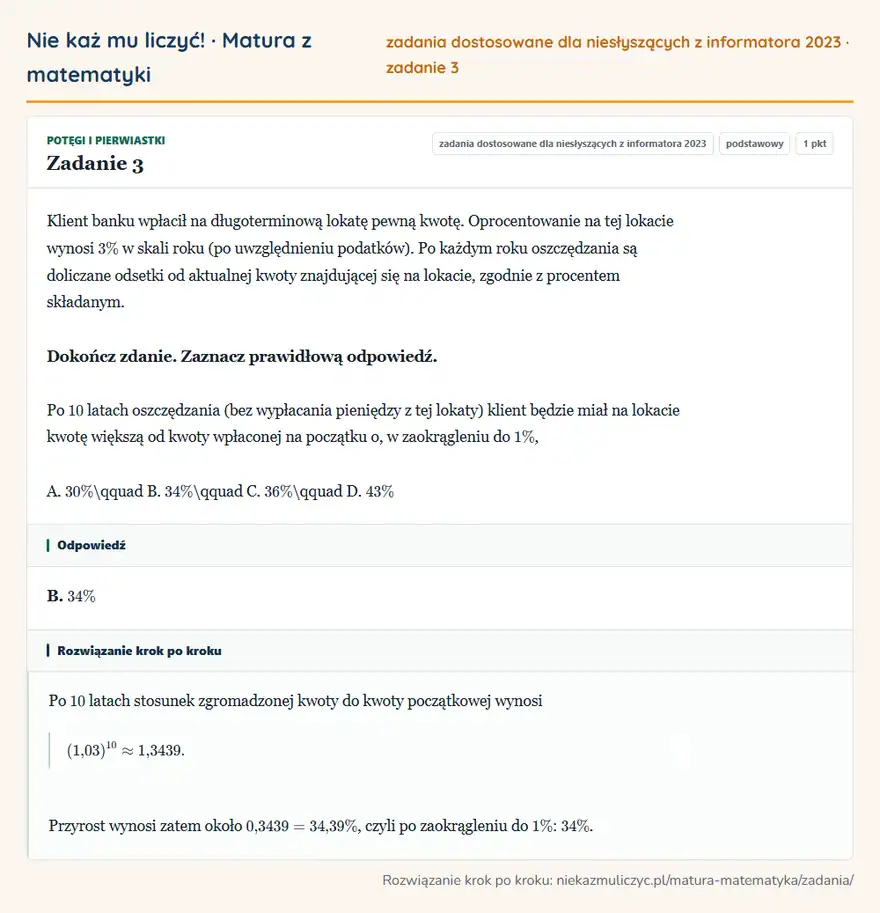 Rozwiązanie zadania 3 (zbiór zadań z informatora CKE 2023): Klient banku wpłacił na długoterminową lokatę pewną kwotę. Oprocentowanie na tej lokacie wynosi 3\% w skali…