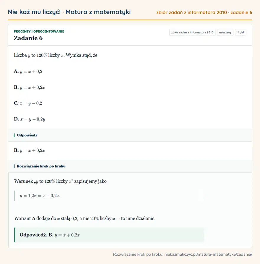 Rozwiązanie zadania 6 (zbiór zadań z informatora CKE 2010): Liczba y to 120\% liczby x. Wynika stąd, że A. y=x+0,2 B. y=x+0,2x C. x=y-0,2 D. x=y-0,2y