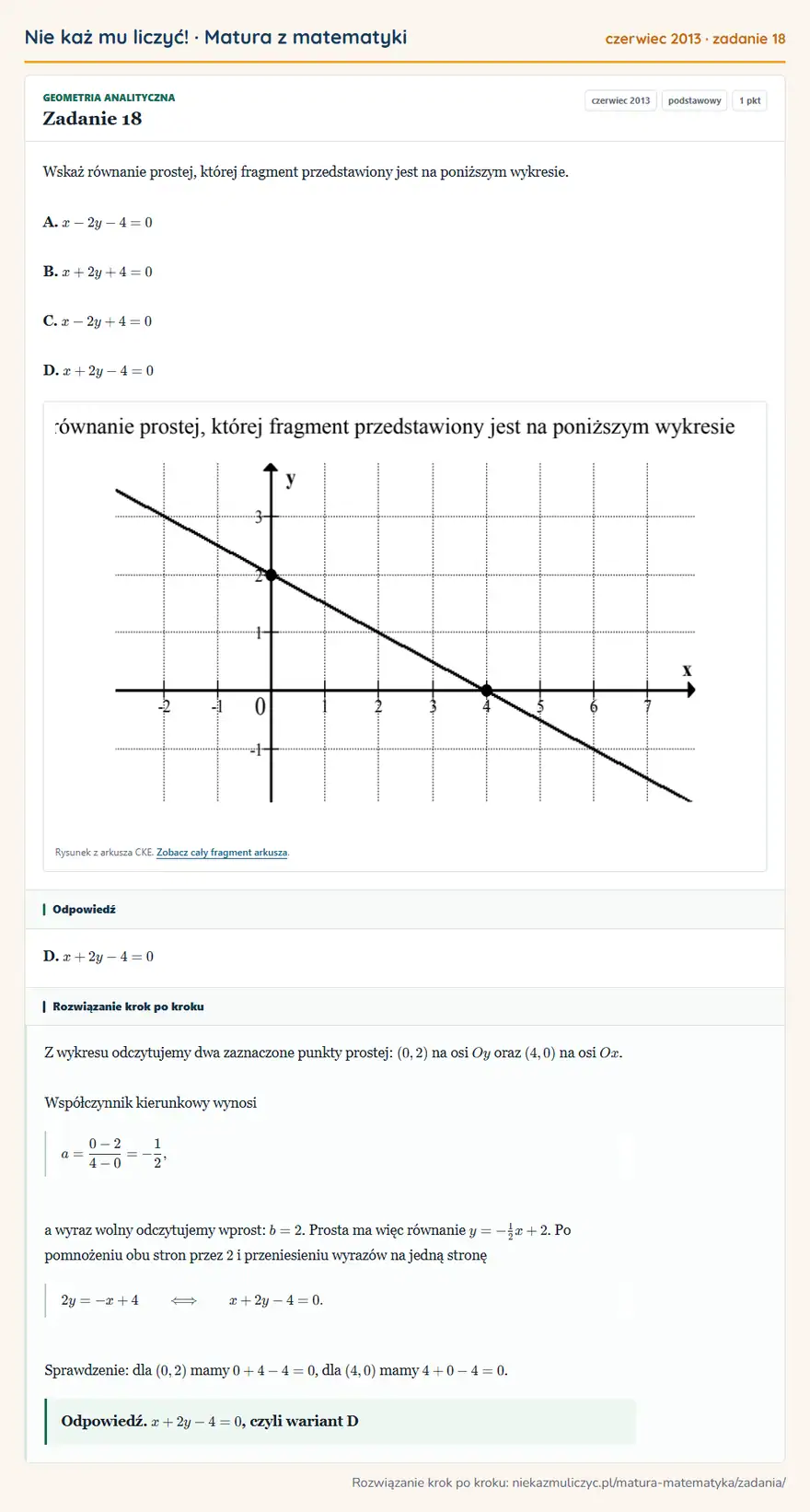 Rozwiązanie zadania 18 (matura z matematyki czerwiec 2013): Wskaż równanie prostej, której fragment przedstawiony jest na poniższym wykresie. A. x-2y-4=0 B. x+2y+4=0 C…