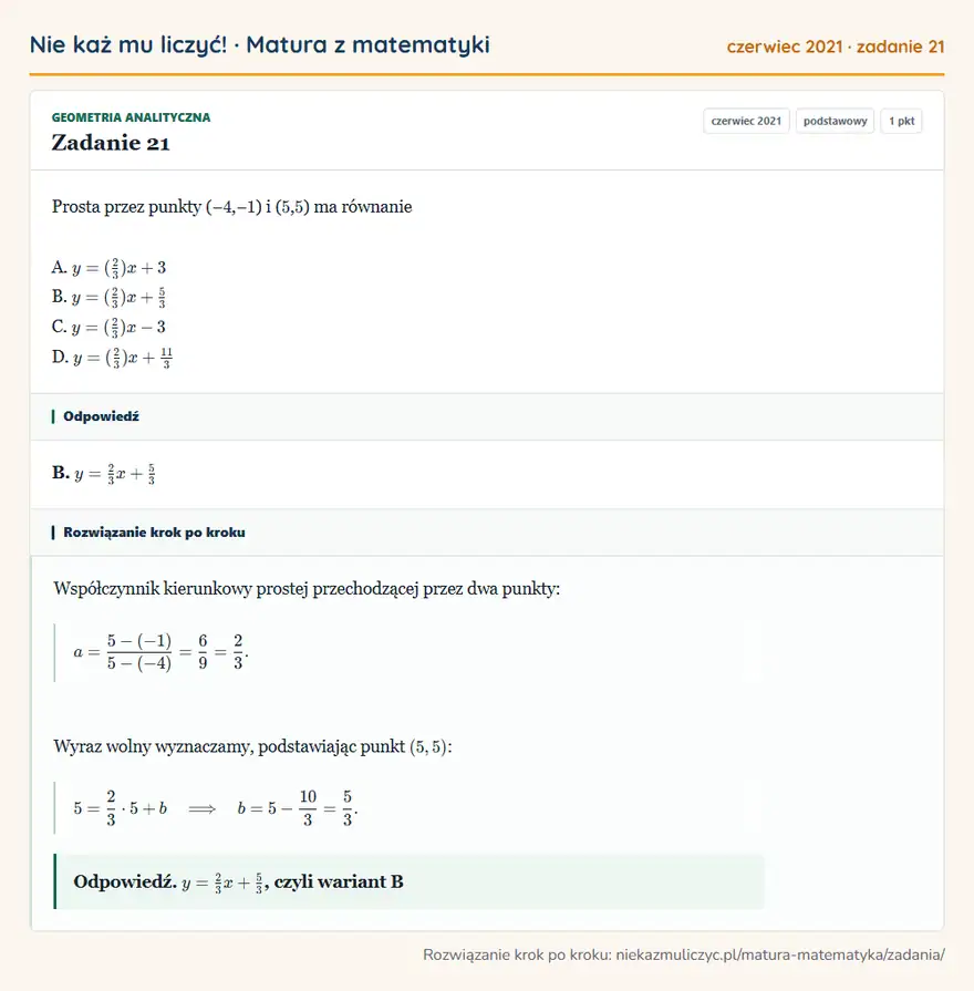 Rozwiązanie zadania 21 (matura z matematyki czerwiec 2021): Prosta przez punkty (− 4,− 1 ) i ( 5, 5 ) ma równanie A. y=(2/3)x+3 B. y=(2/3)x+5/3 C. y=(2/3)x-3 D…