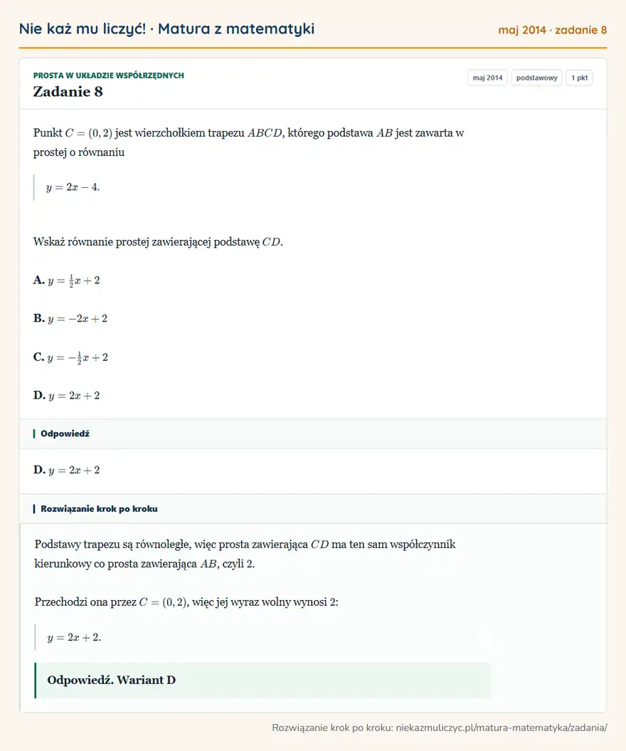 Rozwiązanie zadania 8 (matura z matematyki maj 2014): Punkt C=(0,2) jest wierzchołkiem trapezu ABCD, którego podstawa AB jest zawarta w prostej o równaniu y=2x-4…