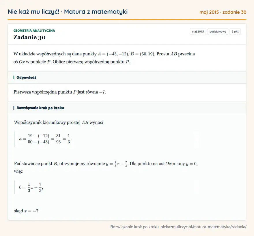 Rozwiązanie zadania 30 (matura z matematyki maj 2015): W układzie współrzędnych są dane punkty A=(-43,-12), B=(50,19). Prosta AB przecina oś Ox w punkcie P. Oblicz…