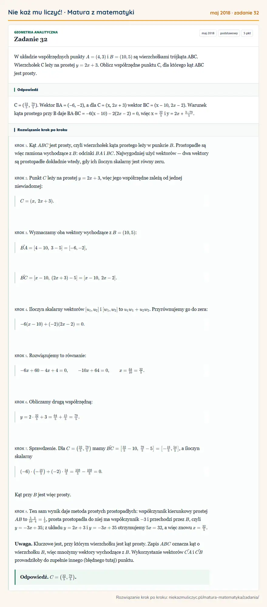 Rozwiązanie zadania 32 (matura z matematyki maj 2018): W układzie współrzędnych punkty A = (4, 3) i B = (10, 5) są wierzchołkami trójkąta ABC. Wierzchołek C leży na…