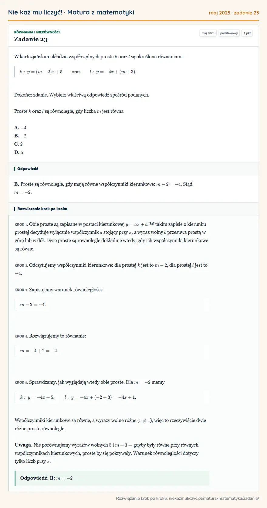 Rozwiązanie zadania 23, matura z matematyki maj 2025, poziom podstawowy: W kartezjańskim układzie współrzędnych proste k oraz l są określone równaniami k: y=(m-2)x+5 oraz l… Odpowiedź: B