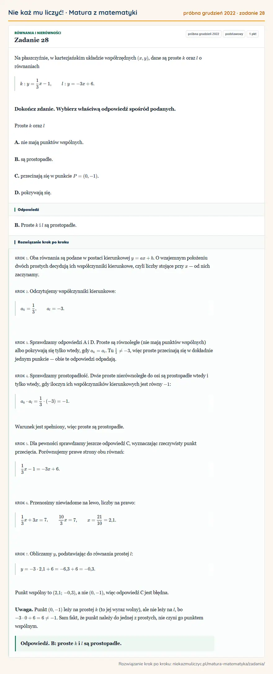 Rozwiązanie zadania 28 (matura z matematyki próbna grudzień 2022): Na płaszczyźnie, w kartezjańskim układzie współrzędnych (x,y), dane są proste k oraz l o równaniach k…